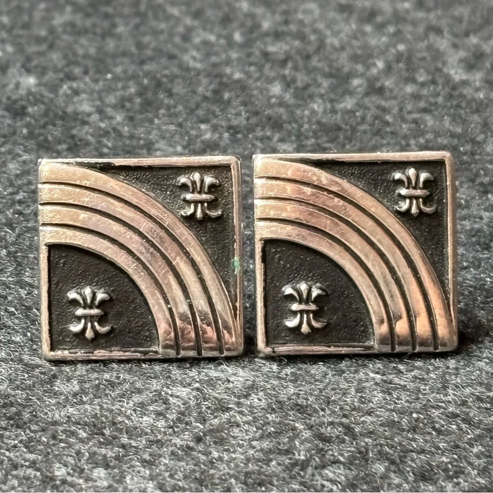 Silver and Black Square Cufflinks with Fleur-de-Lis and Curved Design
